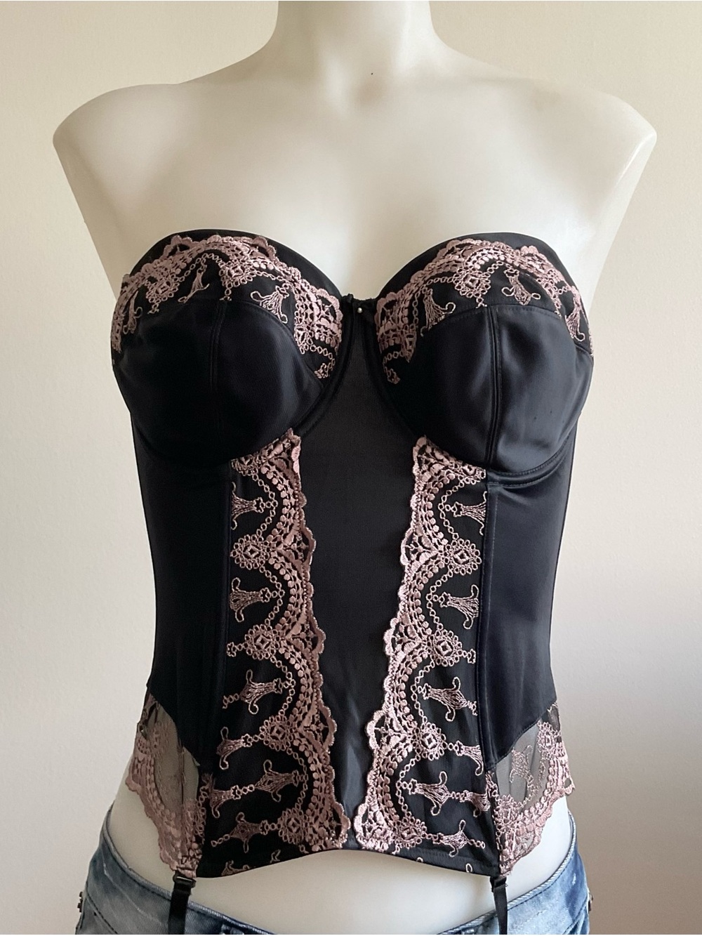 Panache | Superbra ‘Evie’ Liaison Black Mauve Bustier Corset Garter | Est 34D